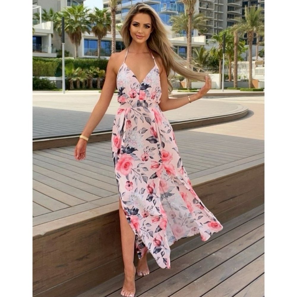 Pink Floral Print Sleeveless Halter Neck V-Neck Backless Front Slit Maxi Dress - Picture 2 of 8